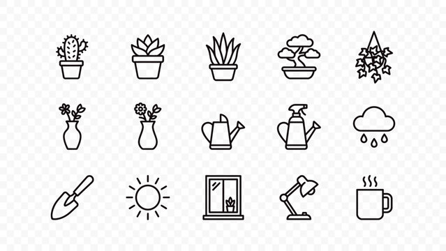 flat vector illustration line art icon bundle set design gardening botany plant pot flower leaf nature ecology grow care tool trowel agriculture graphic web ui concept