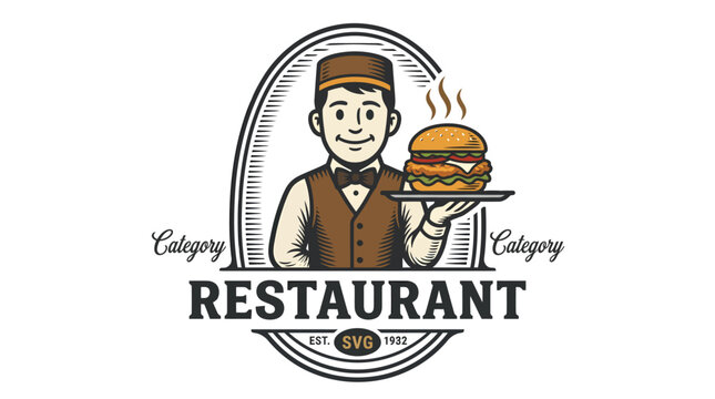 Vintage style restaurant logo featuring a waiter holding a burger.