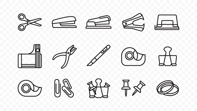 flat vector illustration line art icon bundle set design office accessory stationery scissors stapler clip tape hole punch paper fastener graphic element web ui concept object