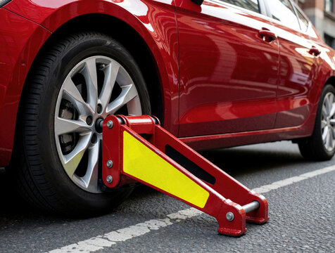 Red car metal wheel clamp on front tire for illegal parking. Security device locks vehicle wheel on city street. Traffic enforcement penalty prevents driver from moving auto. Urban parking violation