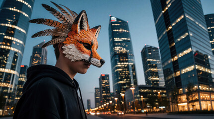 Fototapeta premium Teenager wears handcrafted fox mask with feathers in urban city. Young man stands among tall skyscrapers, modern office buildings at dusk. Mysterious person explores downtown street with unique