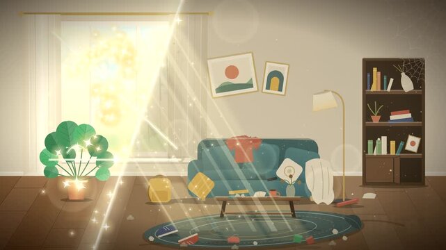 Sunlight Sweep Transforms Messy Dusty Living Room into Spotless Clean Home, Housekeeping Loop