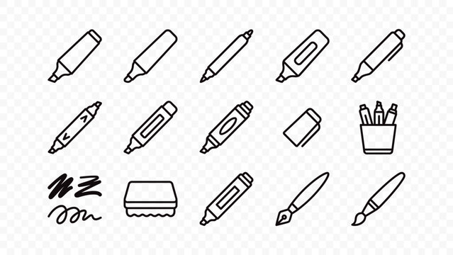 flat vector illustration line art icon bundle set design writing instrument pen pencil marker highlighter fountain crayon eraser stationery graphic element web ui concept art
