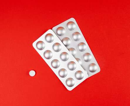 Pill Blister on Color Background, Silver Medicine Capsule Package, Drugs Packaging, Pill Pack
