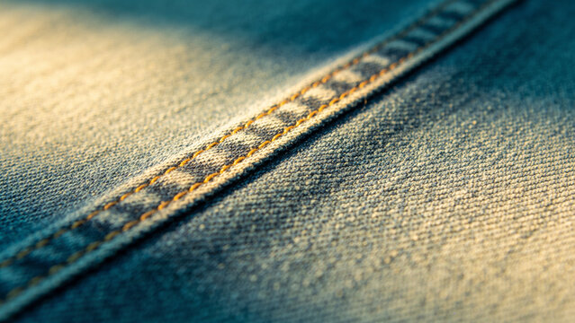 Close up of denim twill fabric with orange stitched seam