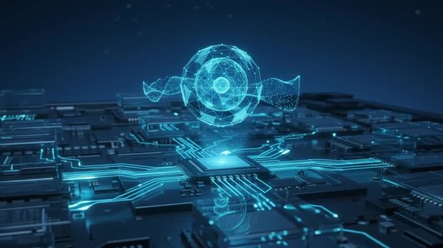 Futuristic AI circuit board with glowing holographic globe representing artificial intelligence data and advanced technology