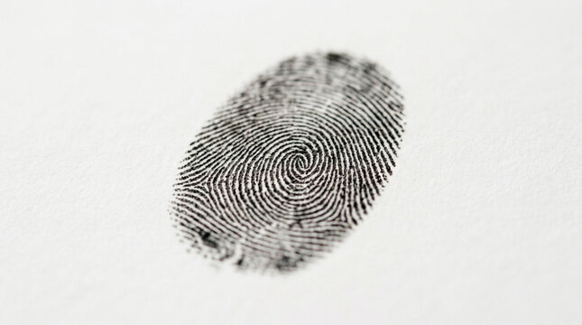 Close up of a single black fingerprint impression on a white textured surface representing identity security and investigation
