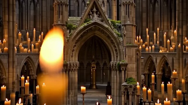 Burning candle flame comes into focus before candlelit gothic cathedral entrance with numerous glowing candles and ornate stone architecture in a solemn interior setting
