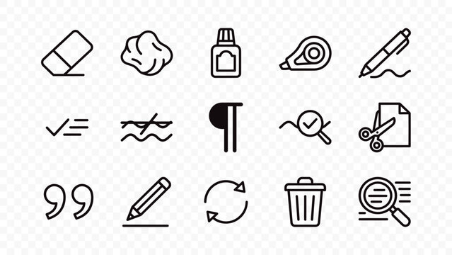 flat vector illustration line art icon bundle set design correction tool eraser fluid tape scribble pencil scissors stationery office supply graphic element web ui concept art