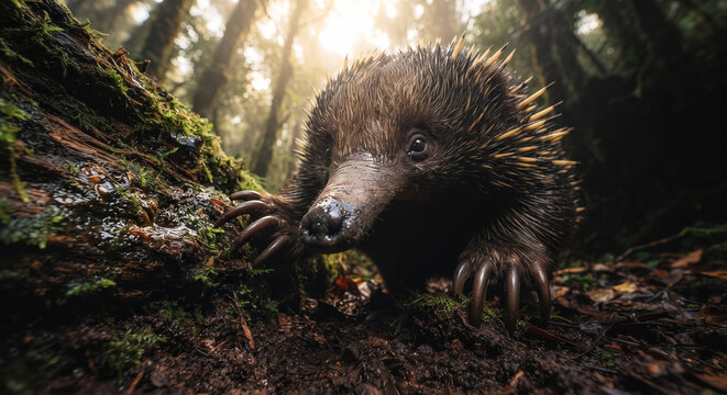 Low-angle macro shot of a spiny echidna digging with sharp long claws on a dark forest floor