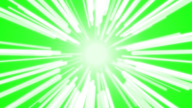 Anime speed lines of white light bursting forward on green screen chroma key background loop.