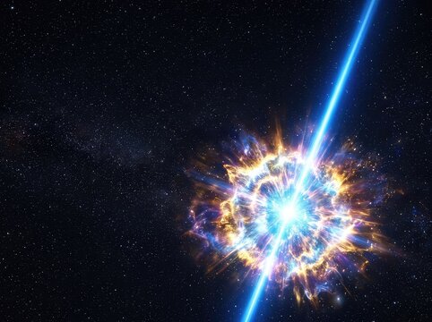 A powerful supernova impacts deep space with a radiant burst and a brilliant blue light beam, surrounded by countless twinkling stars, cosmic, space exploration, powerful