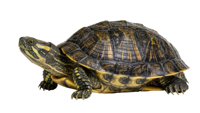 Detailed turtle with patterned shell and yellow stripes, isolated on transparent background