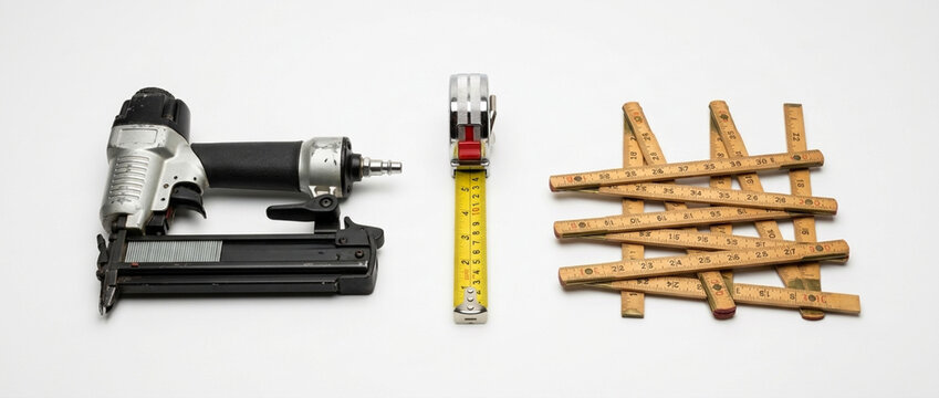 Construction Tools Staple Gun Tape Measure Folding Ruler on White Background