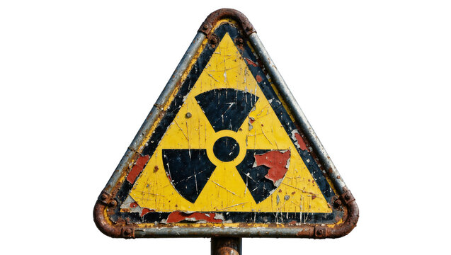 Rusty weathered radioactive hazard warning sign, isolated on transparent background