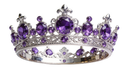 Ornate silver tiara with numerous faceted purple gemstones, isolated on transparent background © iPNGi