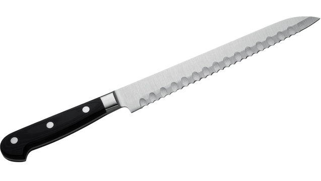 Serrated bread knife with black handle, isolated on transparent background