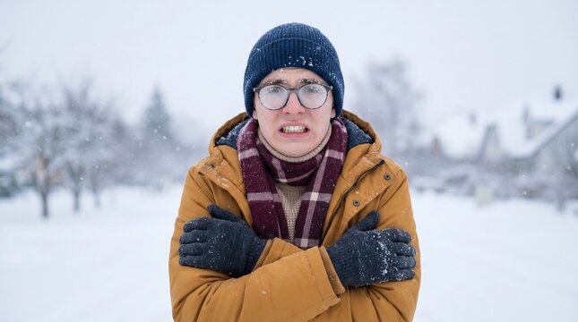 Cold Person Standing Outdoors in a Snowy Winter Environment