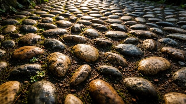 Close up view of stone pebble path with sunlight reflection. Rounded rocks form walkway texture on garden ground. Natural grey, brown pebble surface creates organic pattern for landscaping design