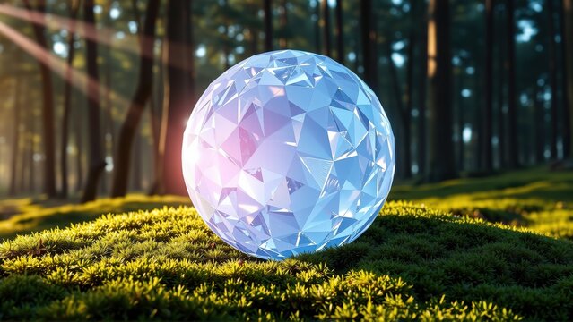 Crystal sphere rests upon lush green moss. Forest backdrop receives warm sunlight, creating dramatic rays. Magical, serene scene.