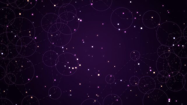 Abstract dark purple background with connecting dots and rotating circles for design themes.
