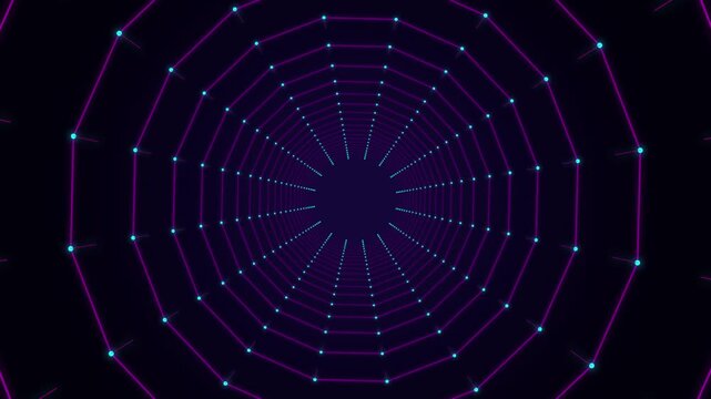 Neon purple digital tunnel moving through abstract grid structure for futuristic space travel.
