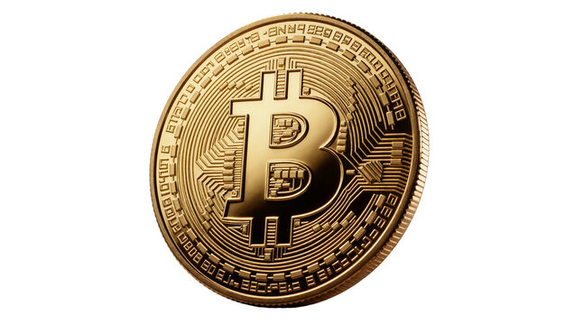 Shiny golden Bitcoin cryptocurrency coin with intricate circuit pattern, isolated on transparent background