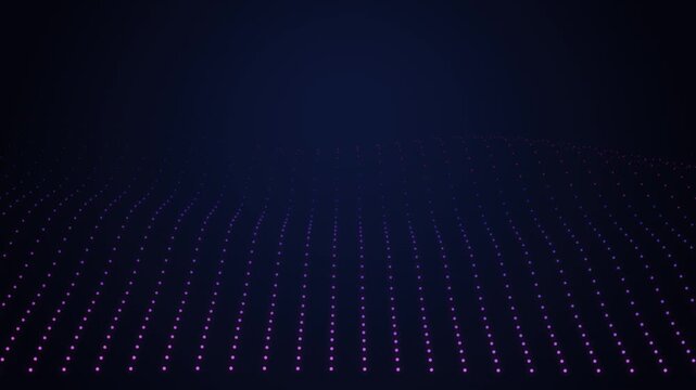 Abstract digital wave of glowing particles flowing on a dark blue background in loop motion.