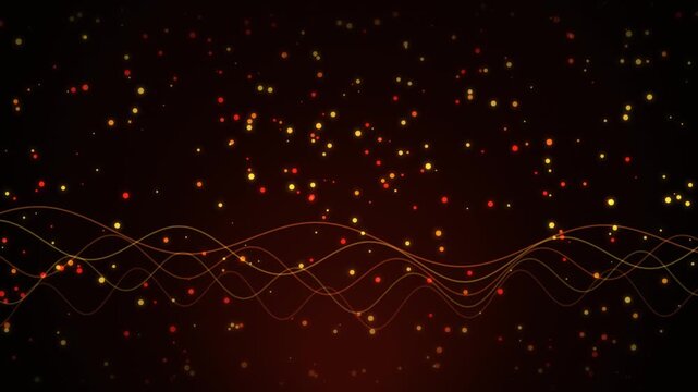 Abstract particle background with glowing golden waves and shimmering fire sparks motion loop.
