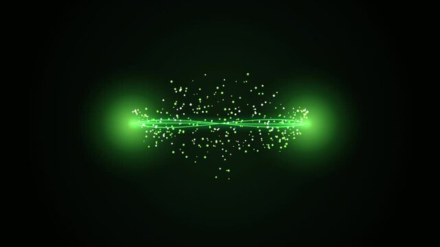 Abstract green particle wave on a dark background as dynamic motion graphic visual element.