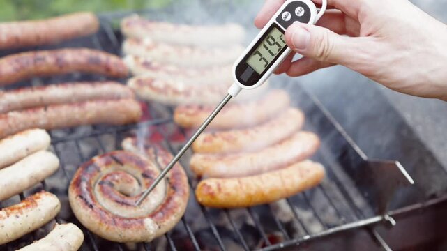 Measuring internal sausage heat with probe thermometer guarantees perfect doneness on outdoor barbecue grill. Chef tracks rapidly climbing temperature display through barbecue smoke plumes.