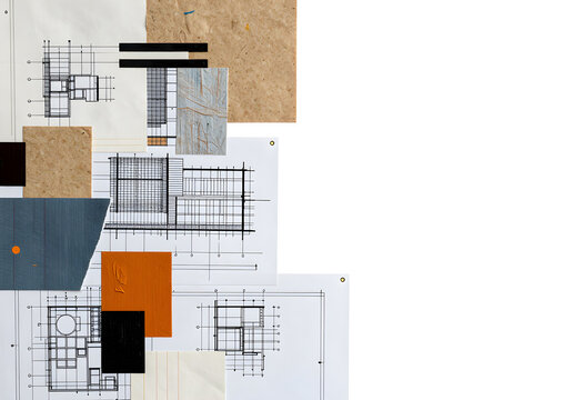 Architectural blueprint collage with textured paper layers