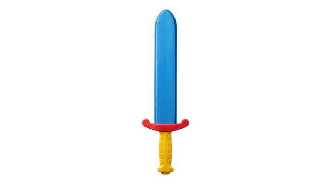 Colorful plastic toy sword with blue blade, kids pretend play weapon, knight costume accessory for children isolated PNG with Transparent Background