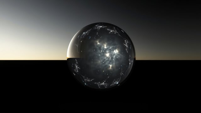Dark sphere reflects galaxy. Minimalist composition, dramatic lighting, celestial body suspended above horizon. Subtle gradient background creates depth.
