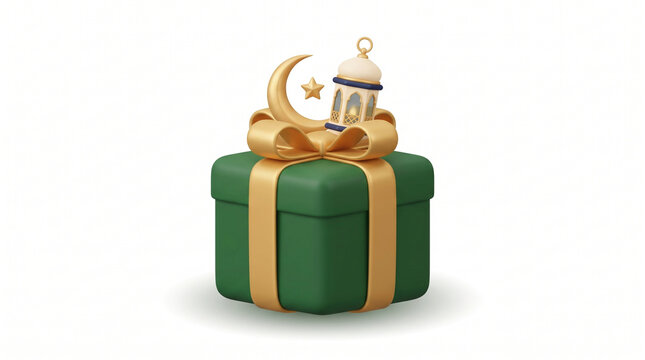 Gift box with gold ribbon, crescent moon and small lantern, 3D illustration for Eid gift