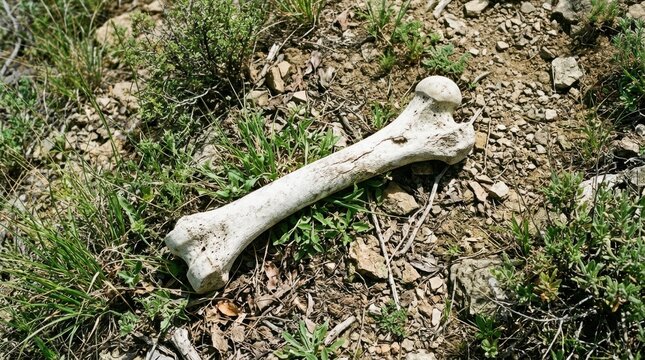 Animal bone found on dry rocky ground with sparse green vegetation