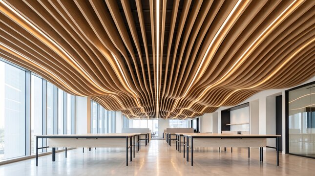 Perspective interior view of undulating wave form natural timber acoustic ceiling baffles with integrated linear LED light strips over open plan corporate office desks for modern web banner