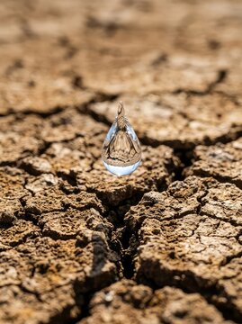 Close-up shot of a single crystal clear drop of water suspended in mid-air, about to touch and hydrate severely cracked, arid earth, mid-air, drop, life