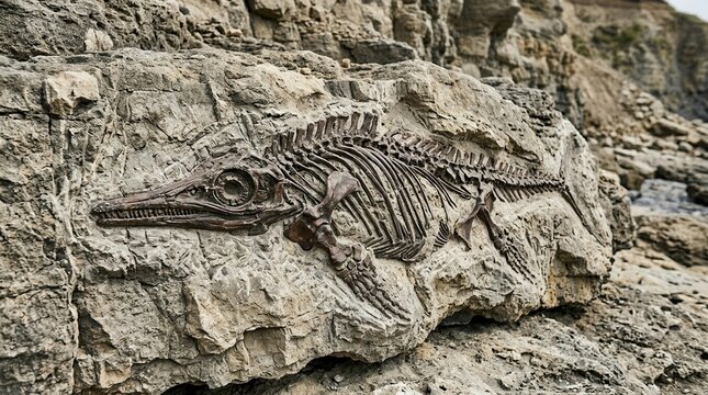 Ancient Ichthyosaur Fossil Embedded in Rocky Shoreline Prehistoric Marine Reptile Skeleton Preserved in Stone