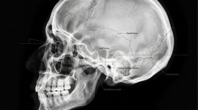 Anatomical X ray of a Human Skull with Labels Medical Imaging Forensic Science Healthcare Concept