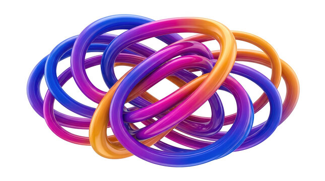 Abstract 3d render of colorful intertwined glossy rings isolated on transparent background