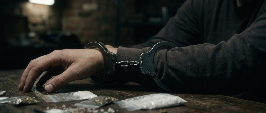 Arrested Suspect with Handcuffs and Drugs on Table Crime Scene Evidence