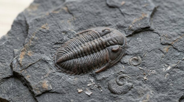 Ancient Trilobite Fossil Embedded in Dark Gray Rock Prehistoric Marine Life Paleontology Discovery Macro Detail