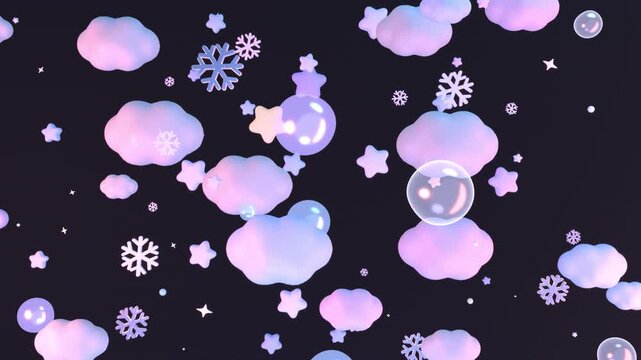 Cartoon winter snowflakes, bubbles, and clouds at night animation. (loop)