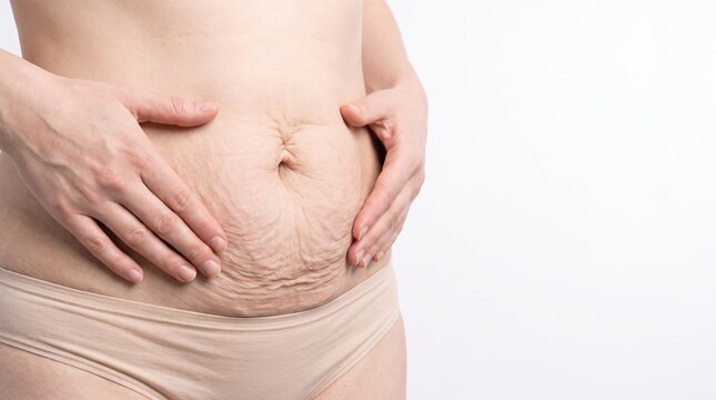 Side View Close Up of Female Patient Displaying Postpartum Abdominal Wall Laxity and Diastasis Recti with White background Copy Space area