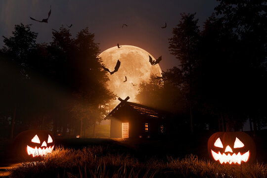 Spooky Halloween night background featuring glowing jack-o'-lantern pumpkins, an eerie wooden cabin, a huge glowing full moon, and dark bats flying through the mysterious autumn forest.