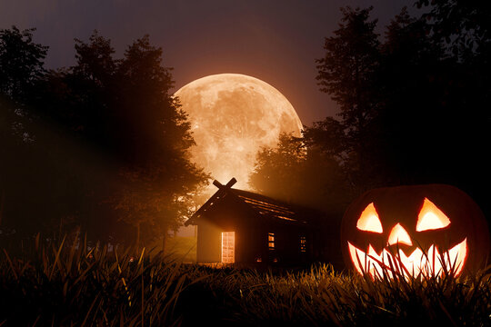 Spooky Halloween background featuring a glowing jack-o'-lantern pumpkin, an old wooden cabin in dark woods, and a massive full moon rising in the night sky. Eerie dark seasonal concept