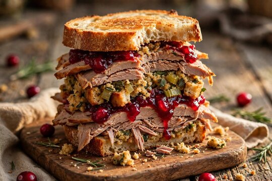 Tall stacked Thanksgiving leftovers sandwich with turkey stuffing and cranberry sauce