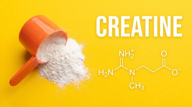 Creatine Monohydrate Powder Supplement with Measuring Scoop and Chemical Structure on Yellow Background