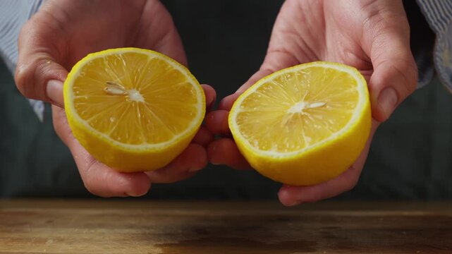 Fresh juicy lemon cut in half and reveal juicy citrus flesh, seeds, and bright yellow peel